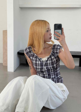Check Shirred Cap Sleeve Sleeveless Blouse