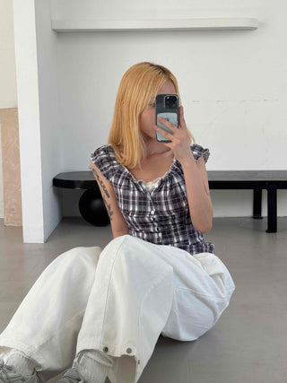 Check Shirred Cap Sleeve Sleeveless Blouse