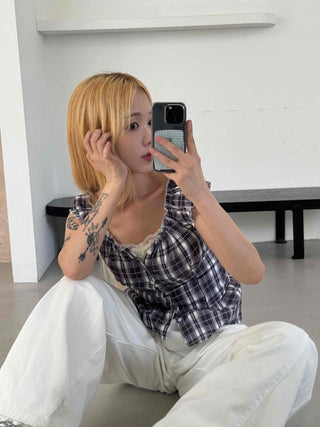 Check Shirred Cap Sleeve Sleeveless Blouse