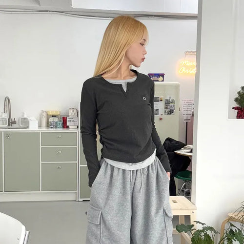 Delo Layered Shirred T-shirt Daily Basic Essential Unique Inner Tee Spring Autumn Winter