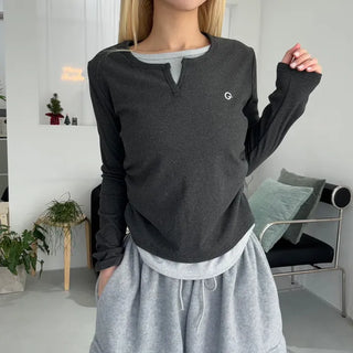 Delo Layered Shirred T-shirt Daily Basic Essential Unique Inner Tee Spring Autumn Winter