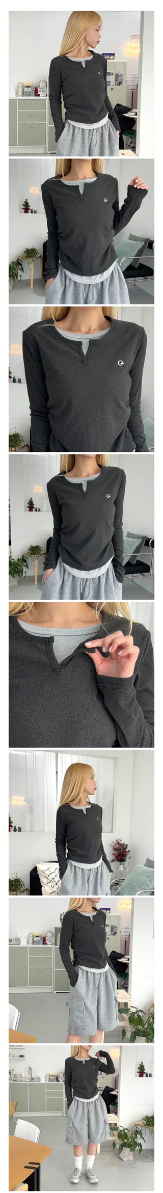Delo Layered Shirred T-shirt Daily Basic Essential Unique Inner Tee Spring Autumn Winter