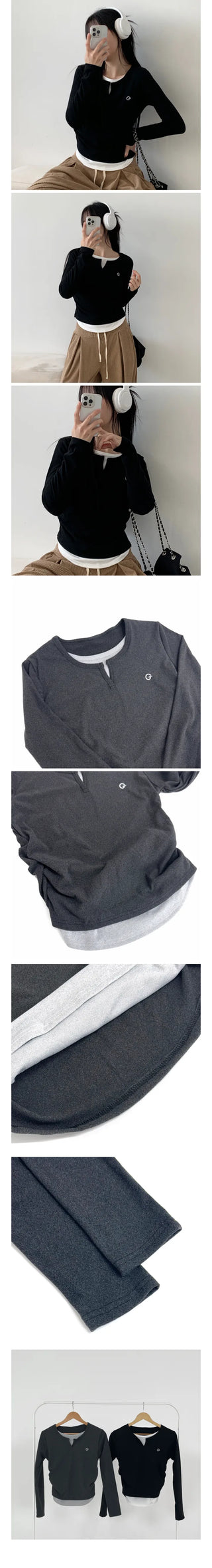 Delo Layered Shirred T-shirt Daily Basic Essential Unique Inner Tee Spring Autumn Winter