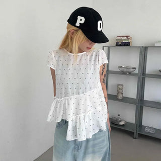 Heart diagonal asymmetrical frill blouse