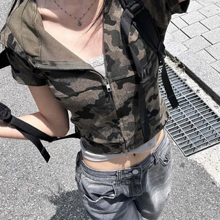 Y2K Two-Way Camo Short Sleeve Zip-Up Hoodie