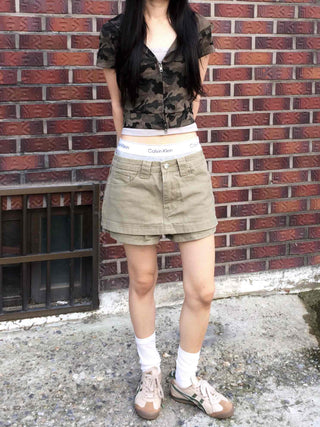 Y2K Two-Way Camo Short Sleeve Zip-Up Hoodie