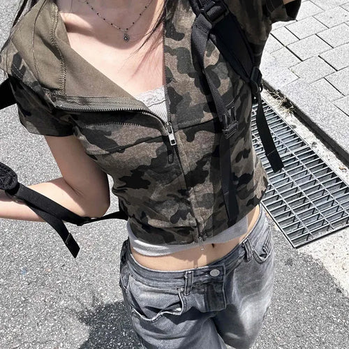 Y2K Two-Way Camo Short Sleeve Zip-Up Hoodie
