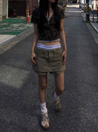Y2K Two-Way Camo Short Sleeve Zip-Up Hoodie