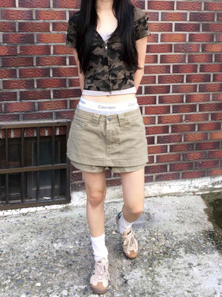 Y2K Two-Way Camo Short Sleeve Zip-Up Hoodie