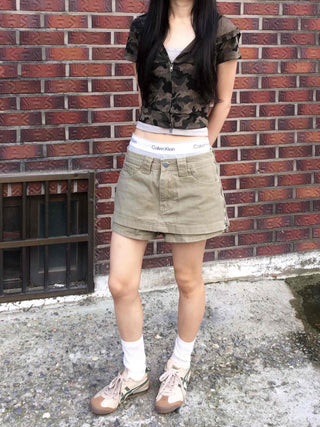 Y2K Two-Way Camo Short Sleeve Zip-Up Hoodie