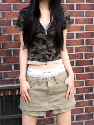 Y2K Two-Way Camo Short Sleeve Zip-Up Hoodie