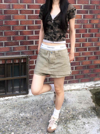 Y2K Two-Way Camo Short Sleeve Zip-Up Hoodie