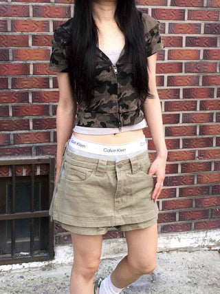 Y2K Two-Way Camo Short Sleeve Zip-Up Hoodie