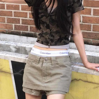 Y2K Two-Way Camo Short Sleeve Zip-Up Hoodie