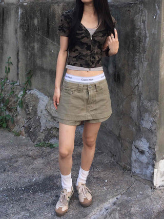 Y2K Two-Way Camo Short Sleeve Zip-Up Hoodie