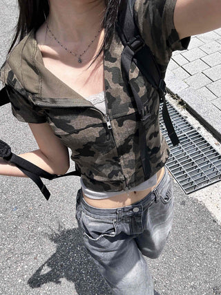 Y2K Two-Way Camo Short Sleeve Zip-Up Hoodie