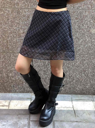 Chiffon Check Ribbon Midi Skirt