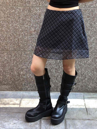 Chiffon Check Ribbon Midi Skirt