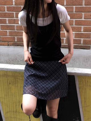 Chiffon Check Ribbon Midi Skirt