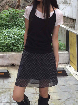Chiffon Check Ribbon Midi Skirt