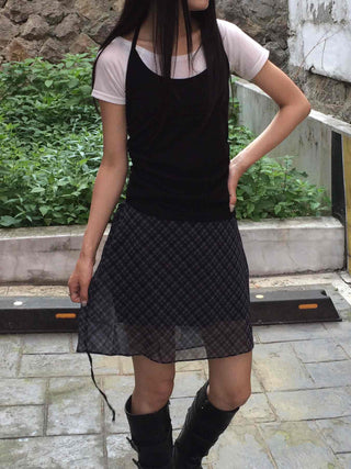 Chiffon Check Ribbon Midi Skirt