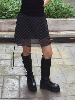 Chiffon Check Ribbon Midi Skirt