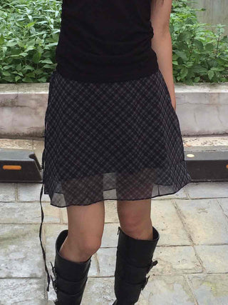 Chiffon Check Ribbon Midi Skirt