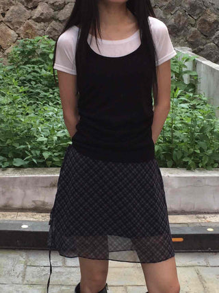 Chiffon Check Ribbon Midi Skirt