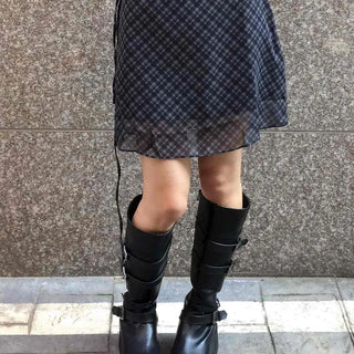 Chiffon Check Ribbon Midi Skirt