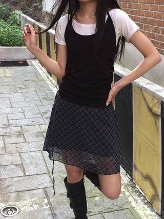 Chiffon Check Ribbon Midi Skirt
