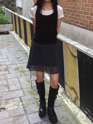 Chiffon Check Ribbon Midi Skirt
