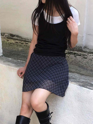 Chiffon Check Ribbon Midi Skirt