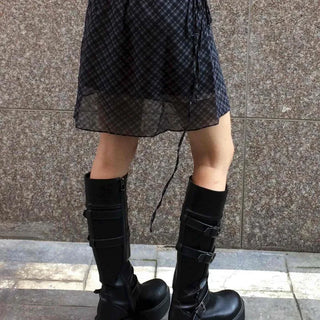 Chiffon Check Ribbon Midi Skirt