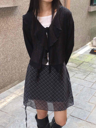 Chiffon Check Ribbon Midi Skirt