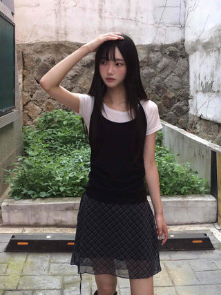 Chiffon Check Ribbon Midi Skirt