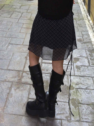 Chiffon Check Ribbon Midi Skirt