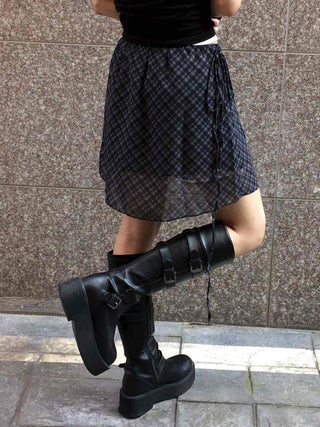 Chiffon Check Ribbon Midi Skirt
