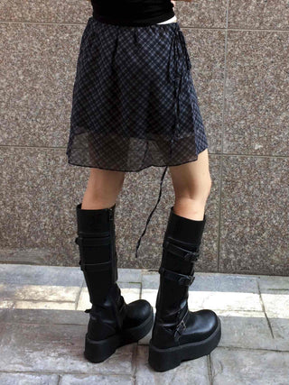 Chiffon Check Ribbon Midi Skirt