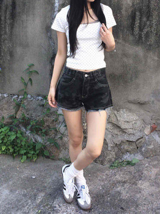 Dot Square Neck Stretchy Short Sleeve Tee