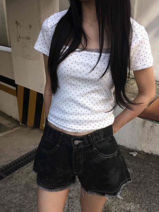 Dot Square Neck Stretchy Short Sleeve Tee