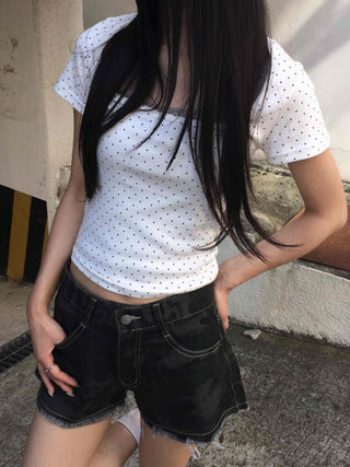 Dot Square Neck Stretchy Short Sleeve Tee