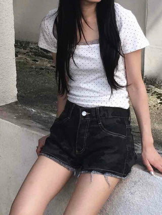 Dot Square Neck Stretchy Short Sleeve Tee