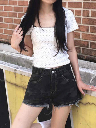 Dot Square Neck Stretchy Short Sleeve Tee