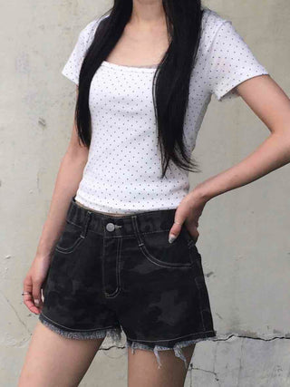 Dot Square Neck Stretchy Short Sleeve Tee