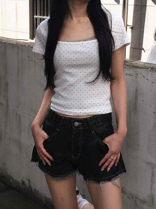 Dot Square Neck Stretchy Short Sleeve Tee
