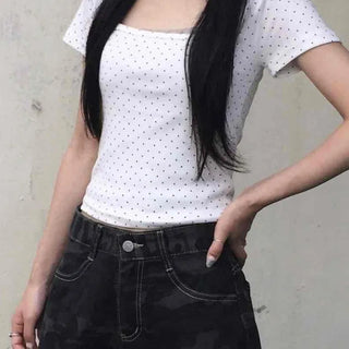 Dot Square Neck Stretchy Short Sleeve Tee