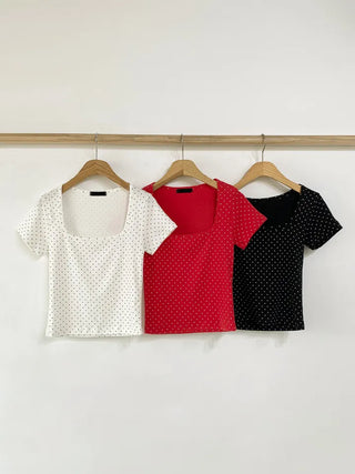 Dot Square Neck Stretchy Short Sleeve Tee