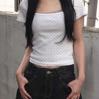 Dot Square Neck Stretchy Short Sleeve Tee