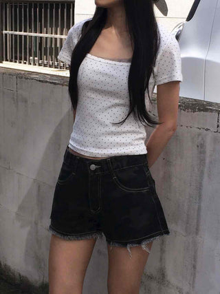 Dot Square Neck Stretchy Short Sleeve Tee