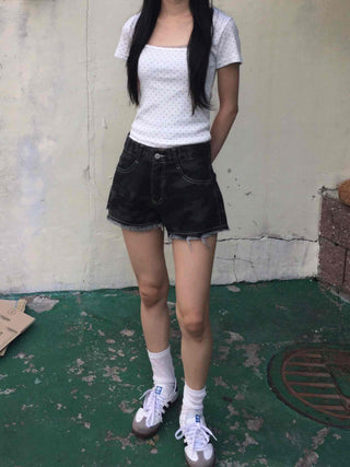 Dot Square Neck Stretchy Short Sleeve Tee